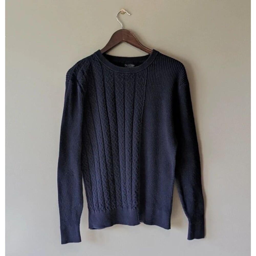 Zara Man Mens Large Navy Blue Cable Knit Ribbed Patchwork Sweater Crewneck L